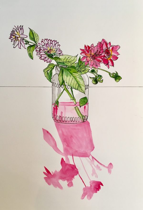 Flower drawing pink art ink watercolour dahlia art artwork wallart botanical