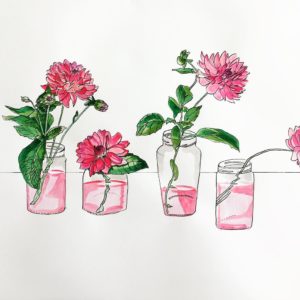 Dahlias flower picture drawing ink watercolour art artwork original